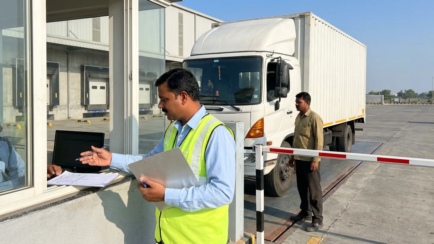 Industrial gate officer in a high-visibility vest holding an aluminum clipboard at a guardhouse window while a heavy box truck and driver wait on the weighbridge beside the boom barrier.