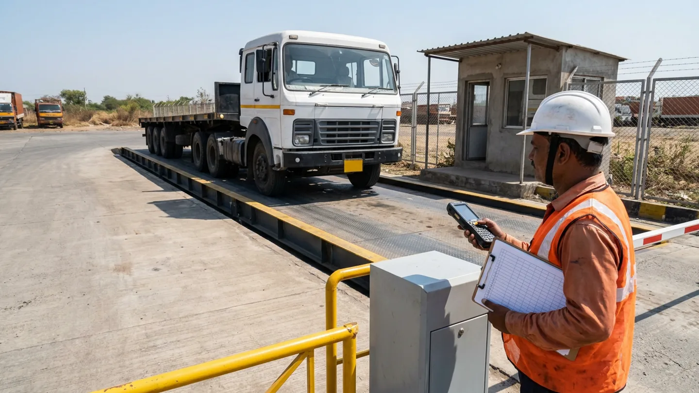 Transport gate supervisor holding an industrial handheld terminal and a blank ruled clipboard beside a heavy freight truck stopped on a concrete weighbridge platform at a distribution centre entrance.