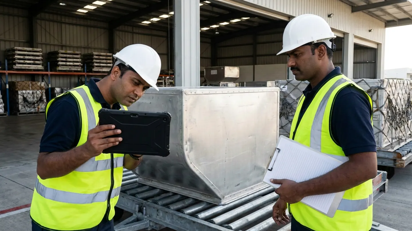Two ULD equipment controllers in white hard hats and yellow reflective vests holding a rugged tablet and a blank ruled clipboard beside an aluminum ULD container on a steel roller rack.