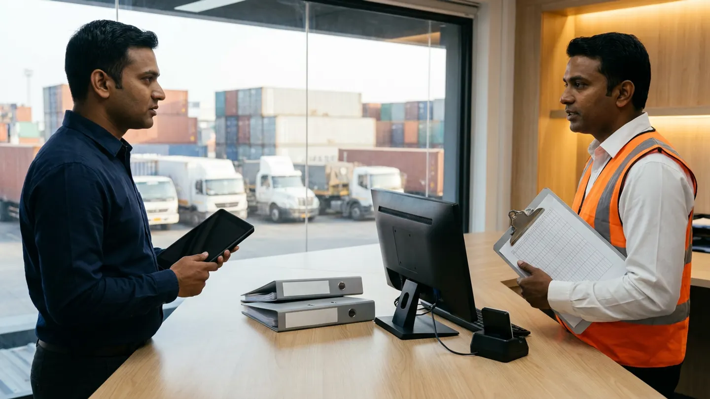 Two logistics technology and transport leads in a navy shirt and an orange reflective vest holding a black digital tablet and a ruled clipboard beside a wooden desk with two grey binders, an angled black monitor, and a black card dock overlooking shipping containers and white commercial trucks.