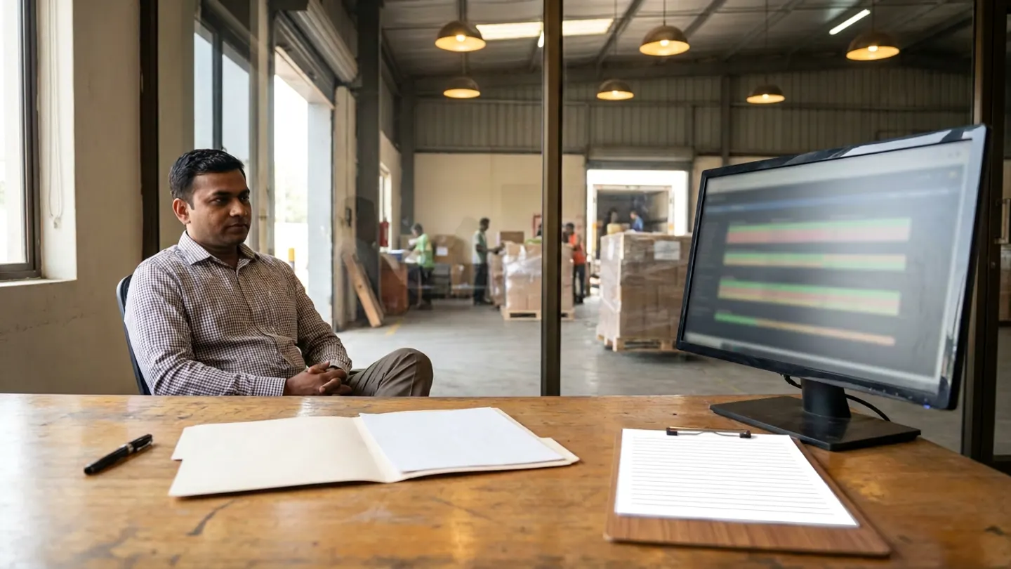 Commercial billing analyst sitting in a glass-partitioned office beside a wooden table holding an open cream folder with blank white paper, a blank ruled clipboard, a pen, and an out-of-focus foreground monitor, overlooking a warehouse floor with wrapped pallet loads.