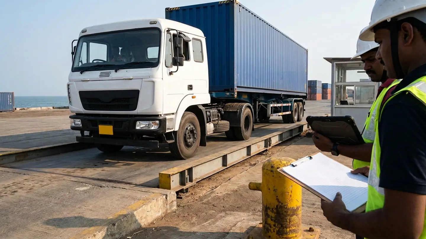 Two port coordinators in white hard hats and yellow reflective vests holding a tablet and a blank ruled clipboard beside a weighbridge holding a white truck and blue shipping container.