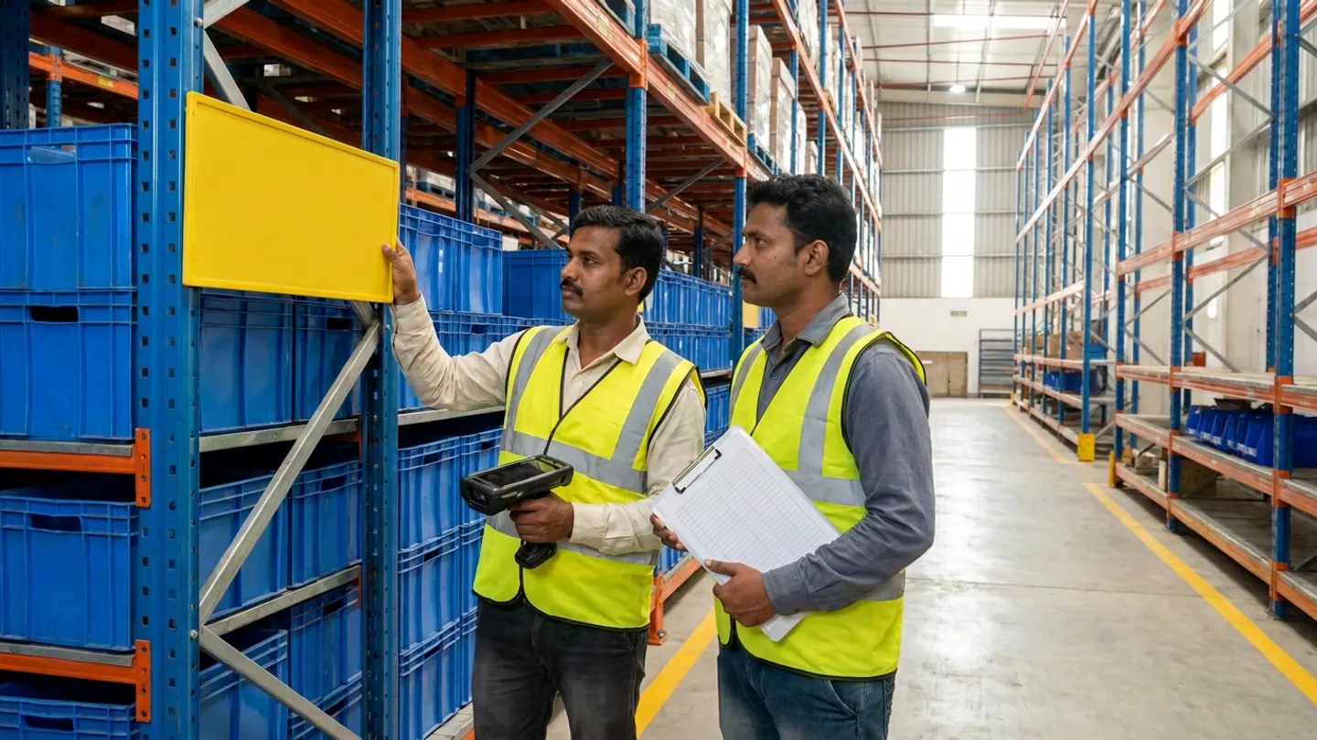 Two warehouse staff in reflective vests in a racking aisle beside stacked blue plastic bins, one holding a handheld terminal and touching a blank yellow board while the other holds a ruled clipboard.