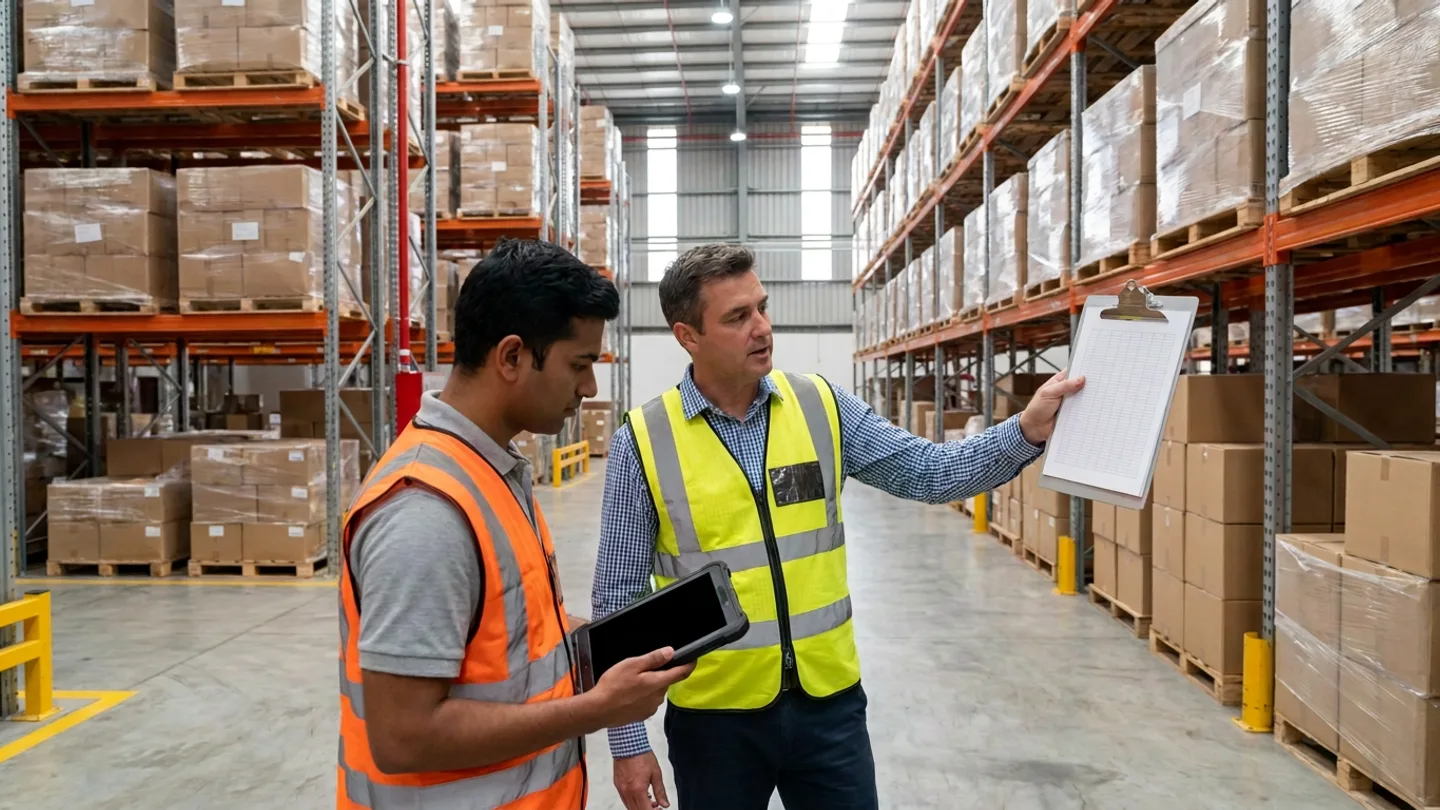 Warehouse operations manager holding up a blank ruled clipboard alongside an inventory planner holding a rugged tablet in a wide aisle between multi-tier selective pallet racks holding brown carton pallets.