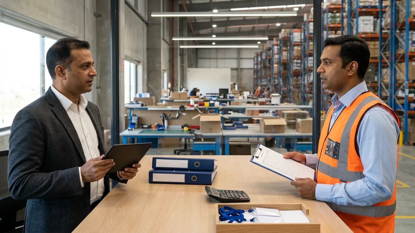 Two logistics finance and warehouse operations leads in a charcoal blazer and an orange reflective vest holding a black digital tablet and a ruled clipboard beside a wooden desk with two navy binders, a black calculator, and a wooden tray of white badges on blue lanyards overlooking warehouse packing benches and pallet racking.