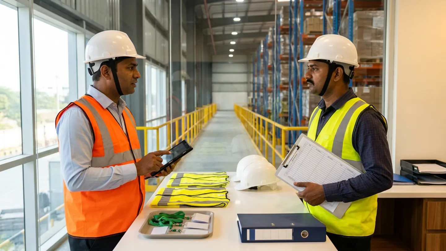 Two warehouse safety and contractor coordination staff in white hard hats and orange and yellow reflective vests holding a black digital tablet and a ruled clipboard beside a white counter with two folded yellow reflective vests, two white hard hats, a tray of white badges on green lanyards, and a navy binder in front of a yellow-railed warehouse walkway and pallet racking.
