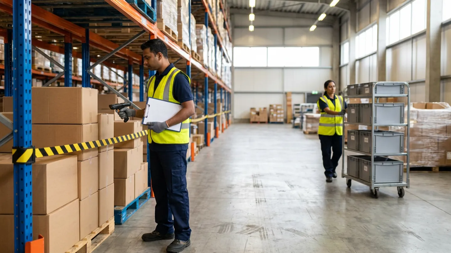 Warehouse inventory counter holding a barcode scanner and clipboard beside a rack bay cordoned off with a yellow-and-black barrier strap, while another operative pushes a tote trolley down the aisle.