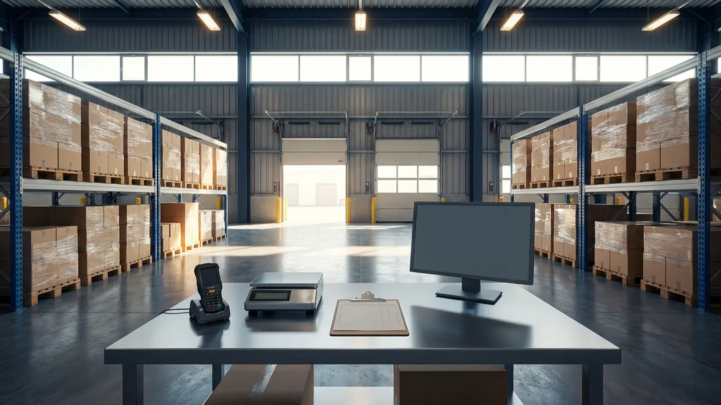 Grade-A 3PL distribution centre dispatch bay and freight verification desk with pallet racking, barcode scanner, parcel weighing scale and loading dock doors in natural daylight