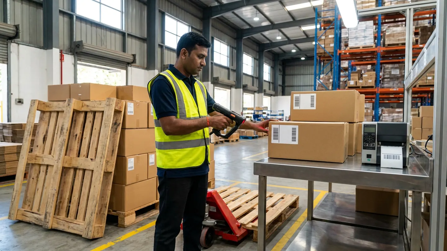 Warehouse operator in a high-visibility vest scanning a carton barcode beside wooden pallets, a pallet jack, and a stainless-steel bench with a tabletop thermal barcode printer.