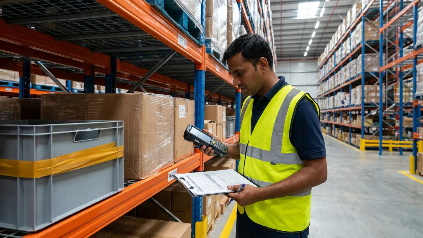 Inventory control lead in a high-visibility vest standing beside a steel warehouse rack holding shrink-wrapped cartons and an amber-taped plastic tote bin, holding a handheld barcode terminal and a ruled clipboard sheet.