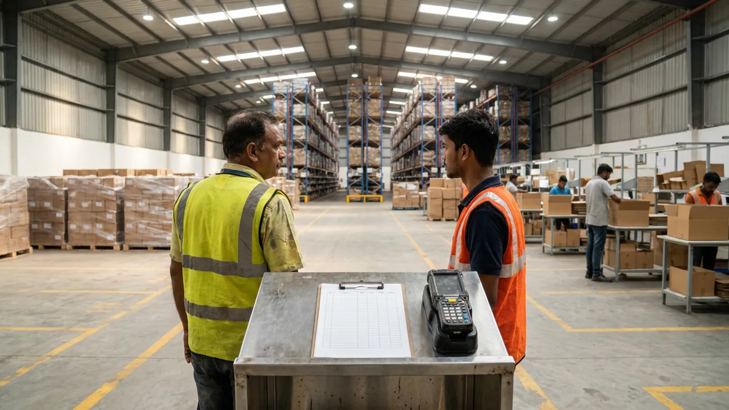 Two warehouse staff beside a table holding a ruled clipboard and handheld terminal, with packing benches and pallet racking behind them.