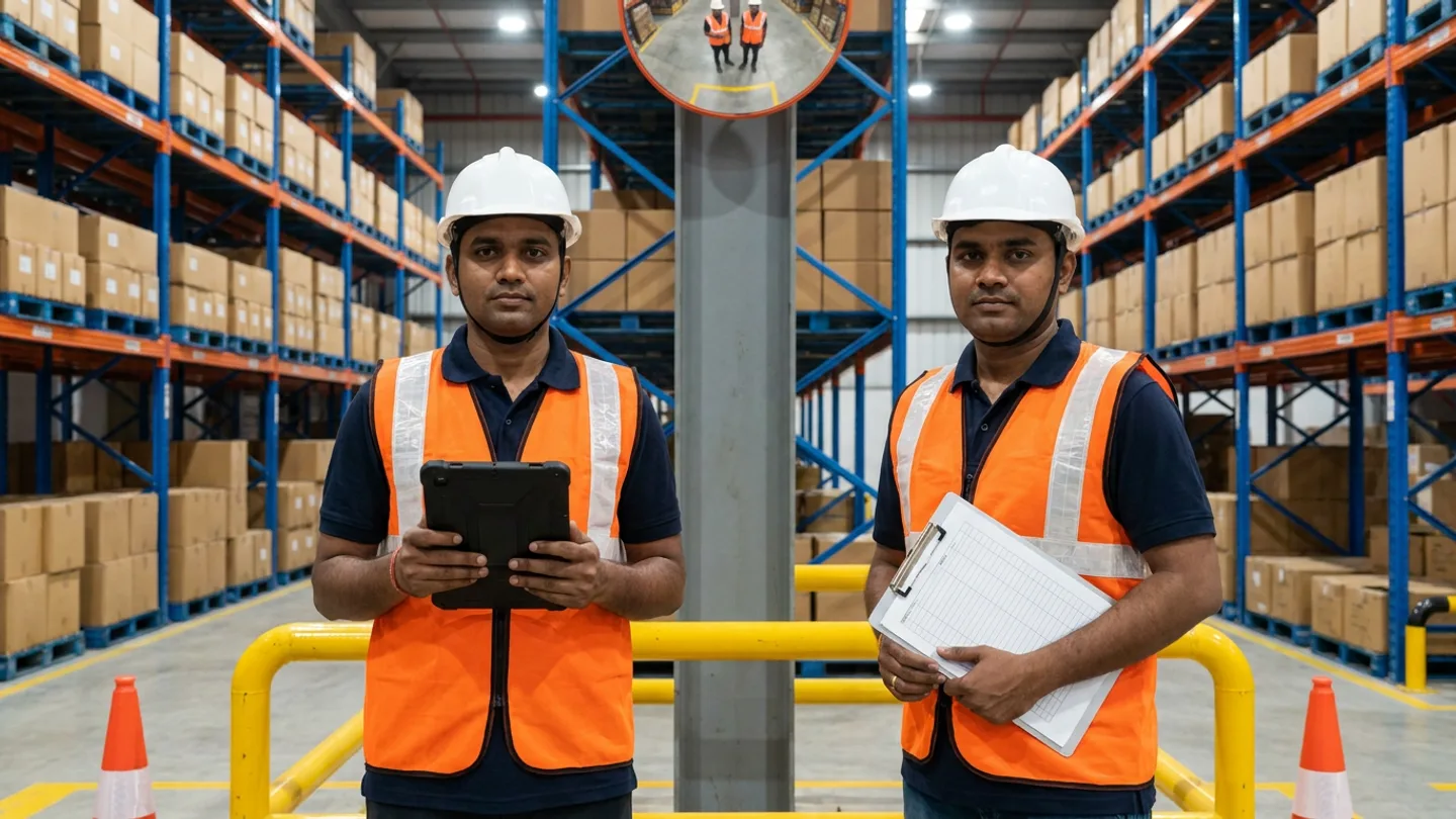 Two warehouse safety supervisors in white hard hats and orange reflective vests holding a rugged tablet and a ruled clipboard in front of a yellow steel barrier rail, orange safety cones, and a column-mounted convex safety mirror between pallet racks.