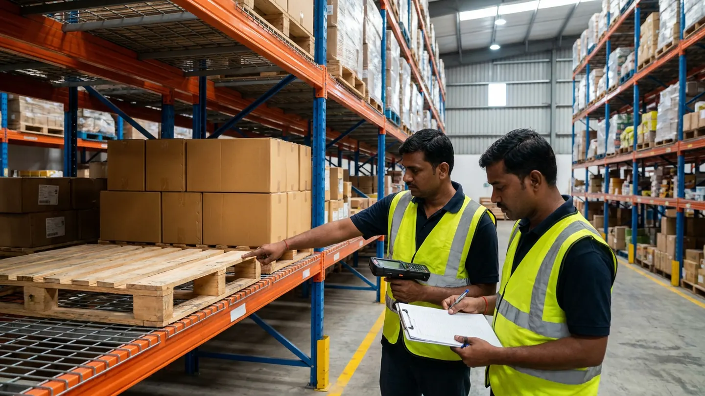 Two warehouse inventory staff in high-visibility vests inspecting an empty wooden pallet position beside stacked brown cartons on a lower rack beam, holding a handheld barcode terminal and a blank ruled clipboard.