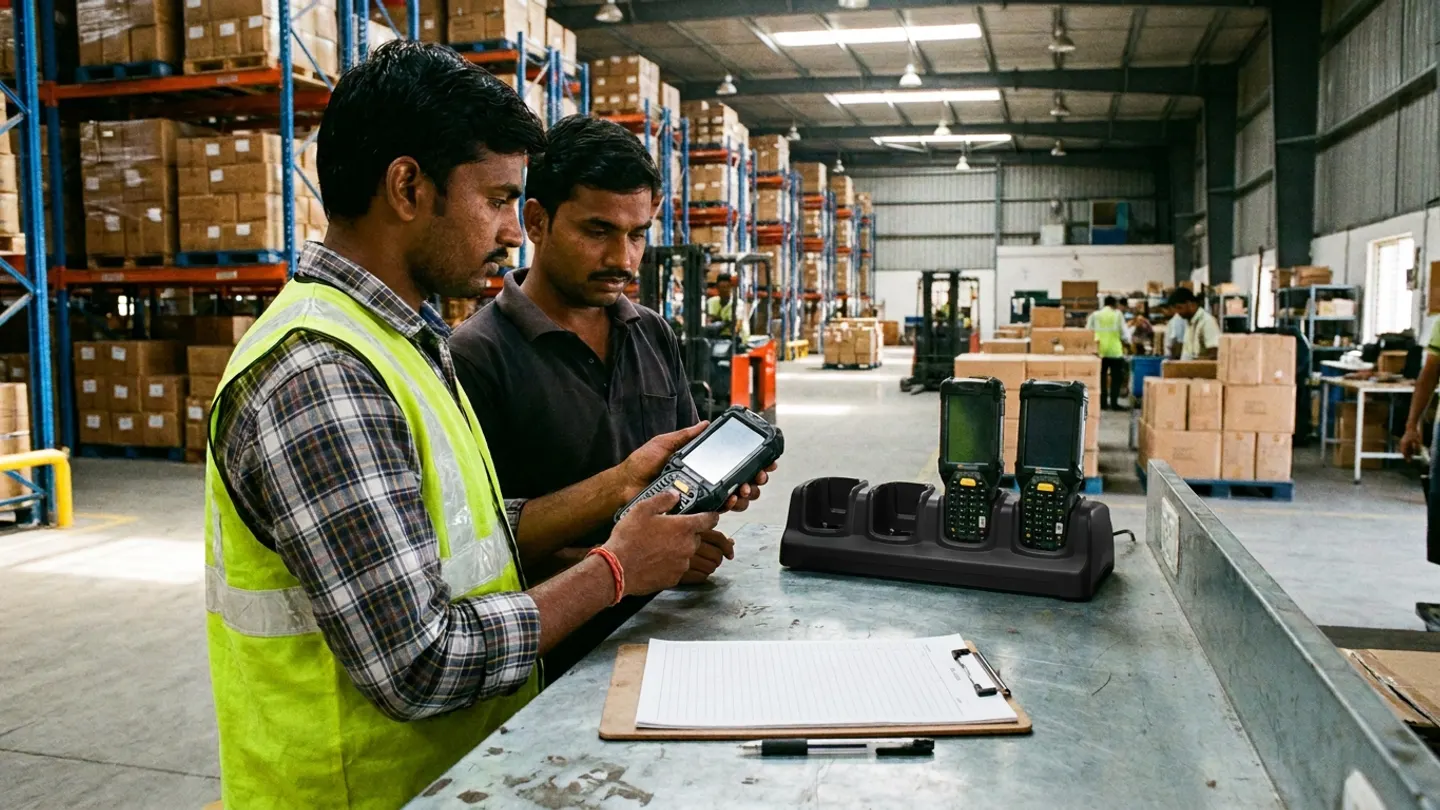 Two warehouse supervisors (one in a yellow reflective vest) standing at a metal floor desk holding a rugged handheld barcode terminal beside a four-slot charging cradle with two docked terminals, a blank ruled clipboard, and a pen.
