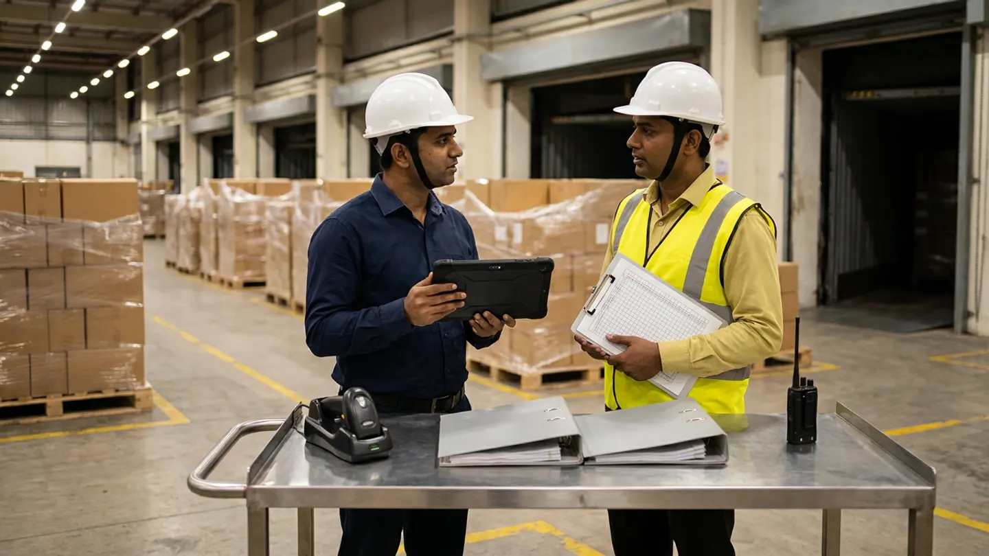 Two warehouse operations and shift supervisors in white hard hats, a navy shirt, and a yellow reflective vest holding a black rugged digital tablet and a ruled clipboard beside a stainless-steel cart with a black handheld scanner in its cradle, two grey binders, and a black two-way radio in front of shrink-wrapped pallets of brown cartons and loading dock doors.