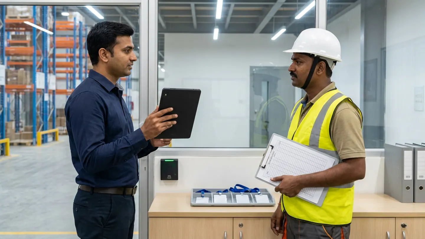 Two warehouse workforce and shift coordinators in a navy shirt, a white hard hat, and a yellow reflective vest holding a black digital tablet and a ruled clipboard beside a wall-mounted black badge reader, a grey tray of white ID badges on blue lanyards, and two grey binders near warehouse pallet racking.