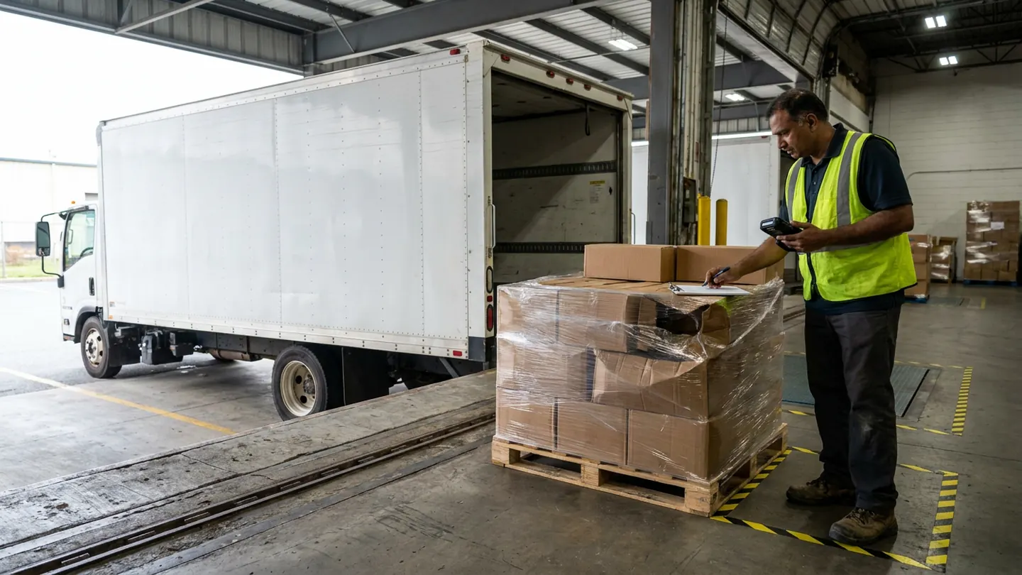 Warehouse receiving clerk in a high-visibility vest at an open loading dock bay beside a commercial box truck, documenting a shrink-wrapped pallet with a missing top carton gap and crushed box using a handheld barcode terminal and clipboard.