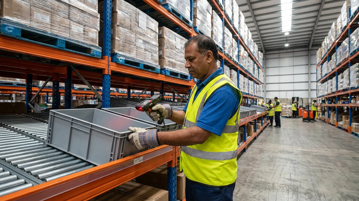 Warehouse operative in a high-visibility vest and work gloves scanning a grey replenishment tote on a gravity-roller carton-flow pick shelf beneath upper-level pallet reserve racking.
