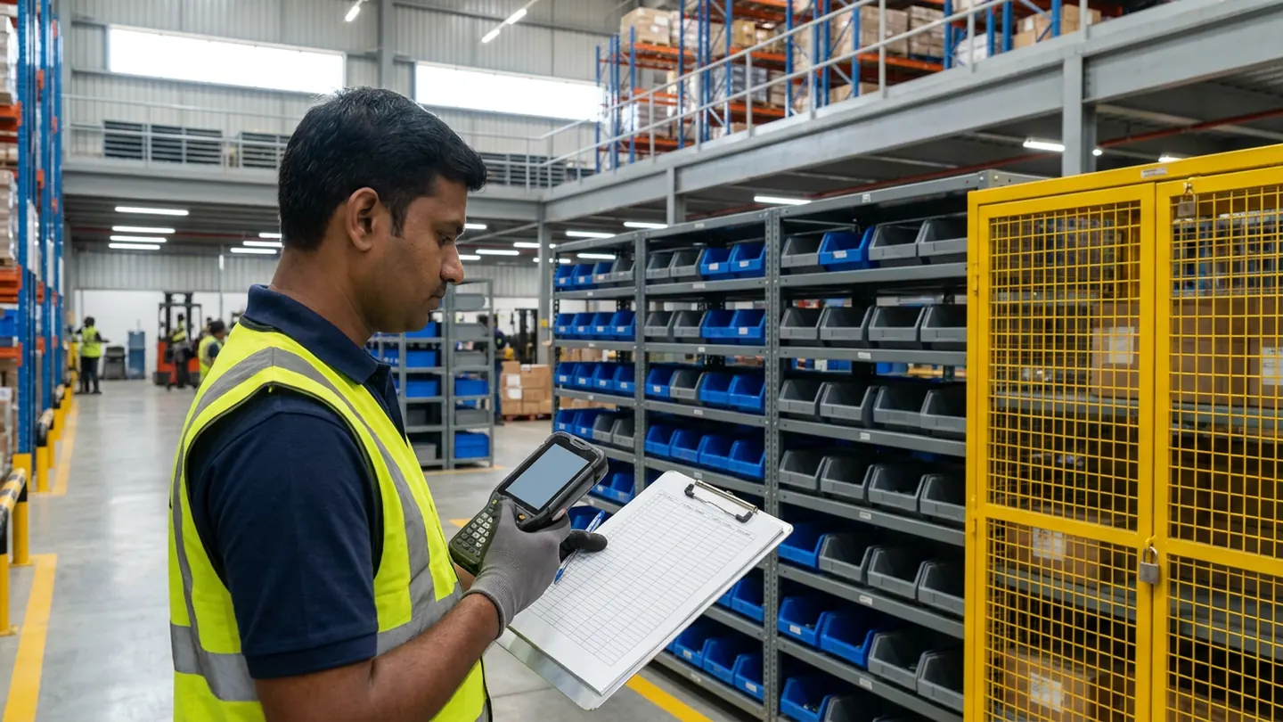 An inventory control specialist in a high-visibility vest holding a rugged barcode terminal and a blank ruled clipboard beside modular small-parts bin shelving and a padlocked yellow wire-mesh security cage.
