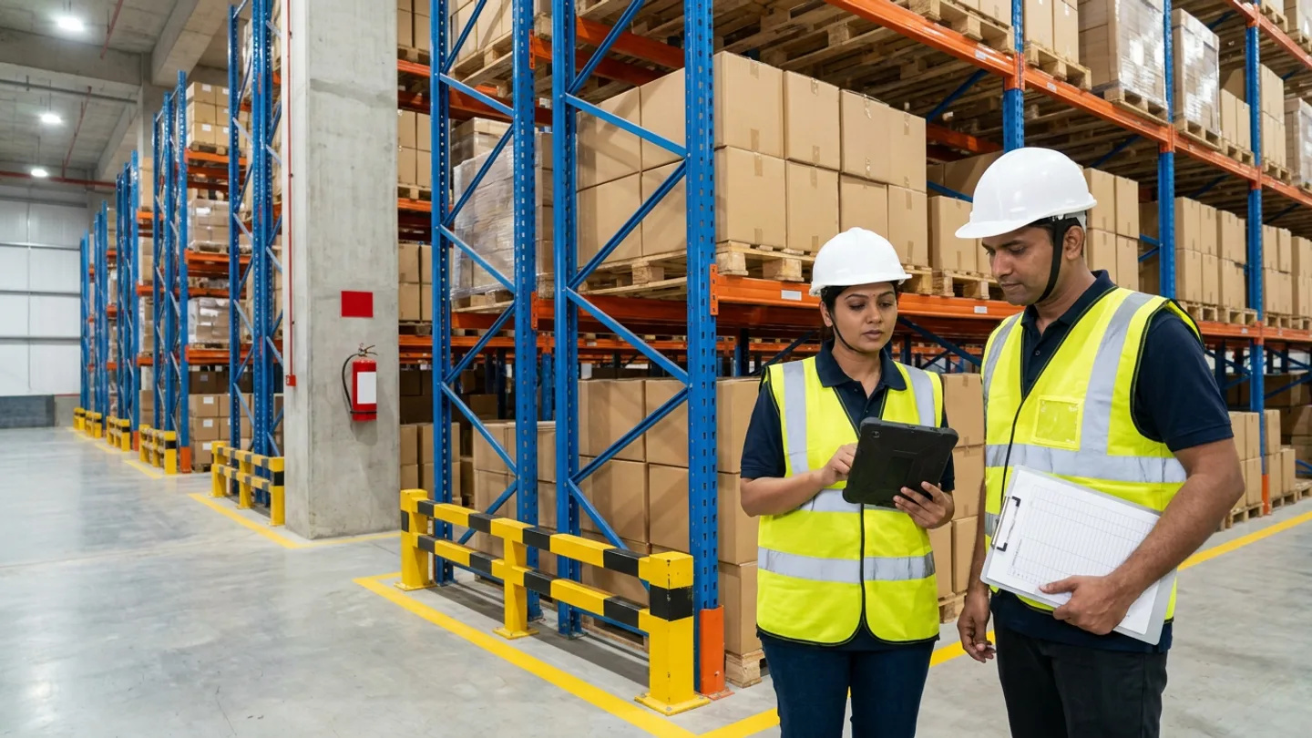 Two warehouse safety officers in white hard hats and yellow reflective vests holding a rugged tablet and a ruled clipboard beside a yellow-and-black steel rack impact barrier, blue-and-orange pallet racks with brown cartons, and a red fire extinguisher mounted on a concrete pillar.