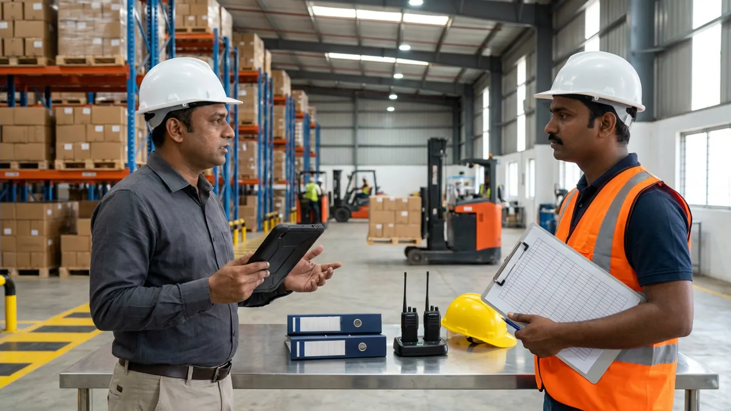 Two warehouse operations leads in white hard hats, a charcoal shirt, and an orange reflective vest holding a black rugged digital tablet and a ruled clipboard beside a stainless-steel table with two navy binders, two black two-way radios in a charger, and a yellow hard hat in front of pallet racking and forklifts.