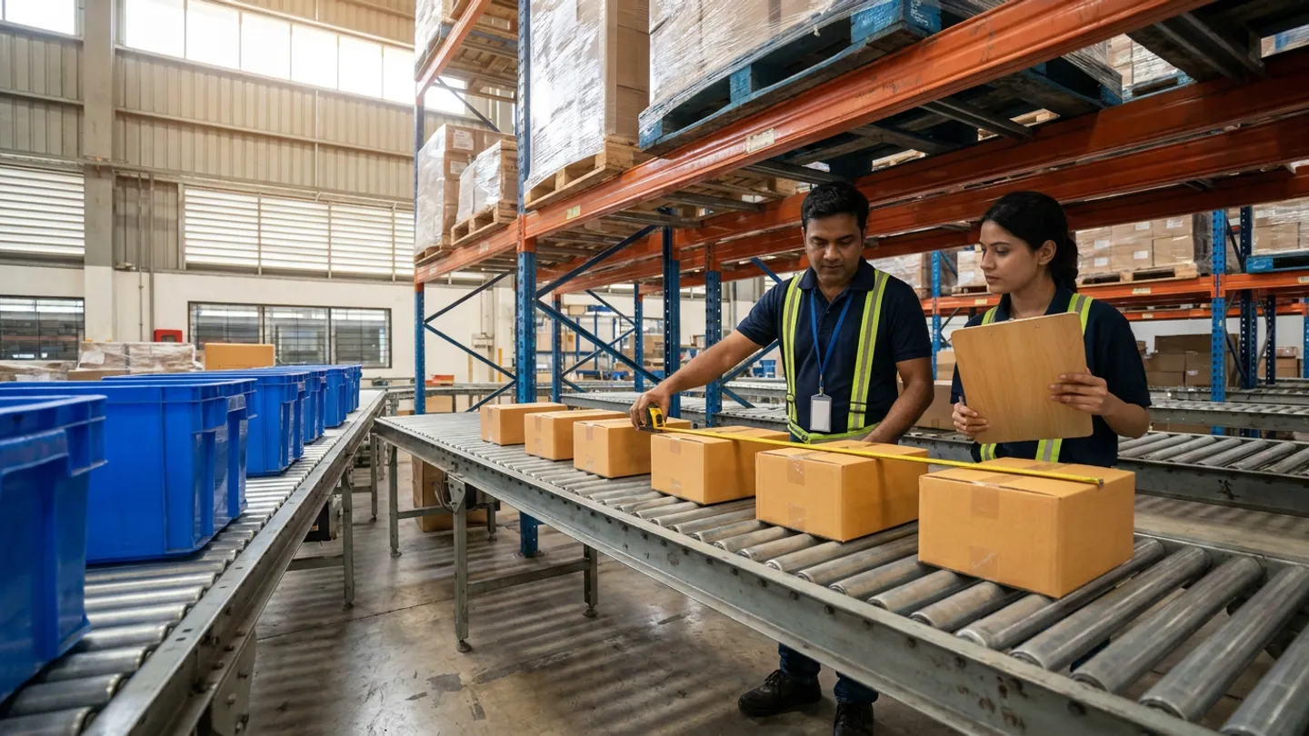 Warehouse engineer measuring corrugated cartons on a roller conveyor with a yellow tape measure beside a colleague holding a wooden clipboard and blue picking totes.