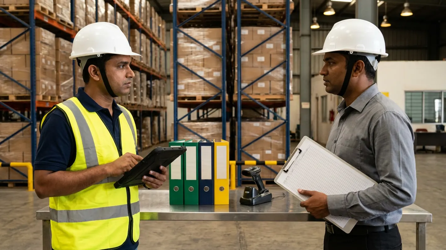Two warehouse operations and quality-procedure leads in white hard hats, a yellow reflective vest, and a grey shirt holding a black rugged digital tablet and a ruled clipboard beside a stainless-steel table with green, navy, and yellow binders and a black handheld scanner in its dock in front of pallet racking.