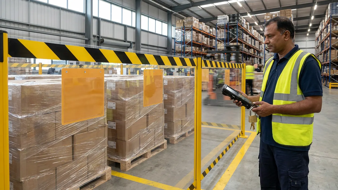 Warehouse quality lead in a high-visibility vest holding a handheld barcode terminal and brass padlock outside a yellow-and-black barrier enclosing shrink-wrapped pallets with blank amber tags.
