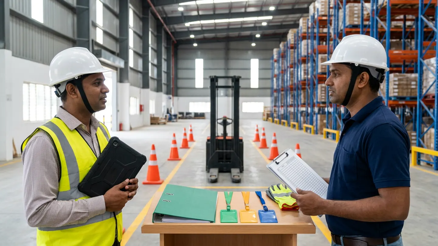 Two warehouse training and operations assessors in white hard hats, a yellow reflective vest, and a navy polo shirt holding a black rugged digital tablet and a ruled clipboard beside a wooden podium with a green binder, green, yellow, and blue badge holders on lanyards, and safety gloves in front of a coned-off electric pallet stacker lane and pallet racking.