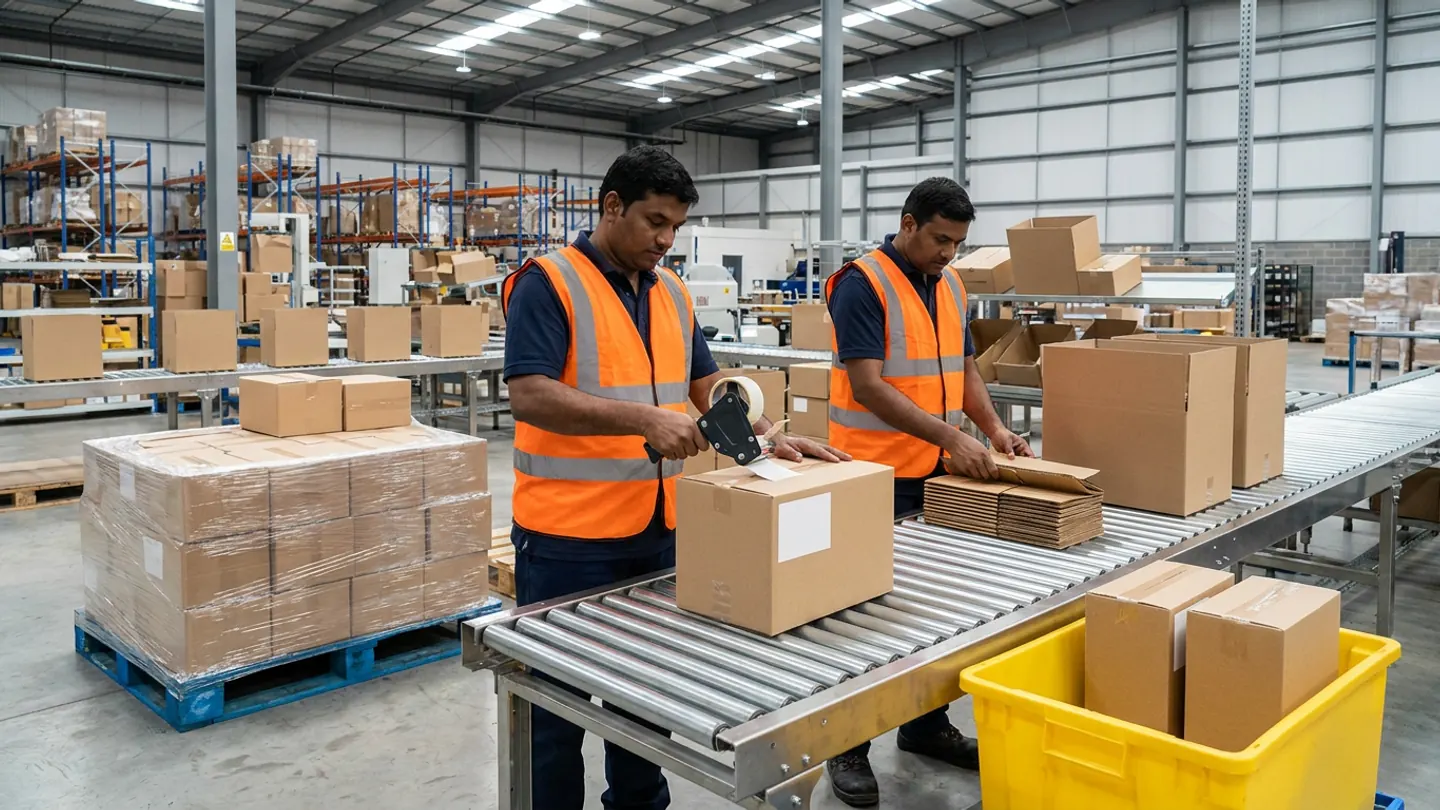 Two warehouse operatives packing cartons at a roller conveyor, with a tape dispenser, flat corrugated sheets, shrink-wrapped pallet and yellow tote.