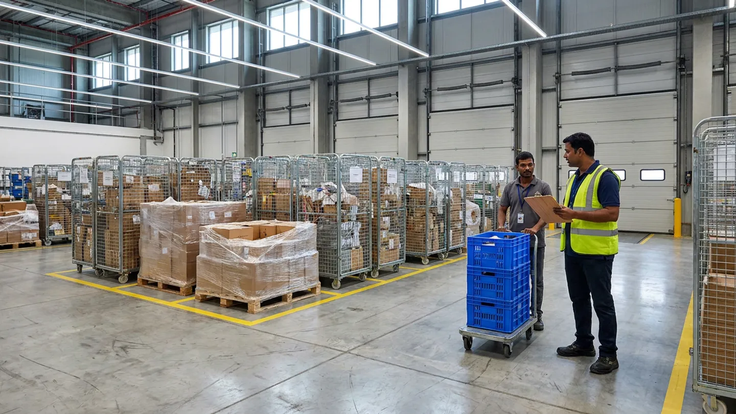 Warehouse supervisor in a high-visibility vest holding a wooden clipboard beside an operative with stacked blue picking totes on a dolly, next to shrink-wrapped pallets and wire-mesh roll cages in yellow-marked dock staging lanes.