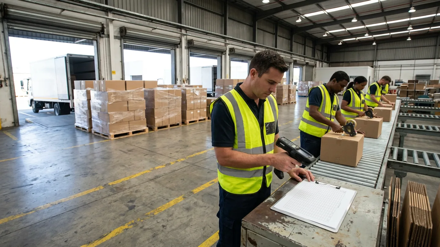 Dispatch supervisor holding a barcode scanner and a blank ruled clipboard beside staged outbound cartons and a roller conveyor in front of warehouse loading dock doors.