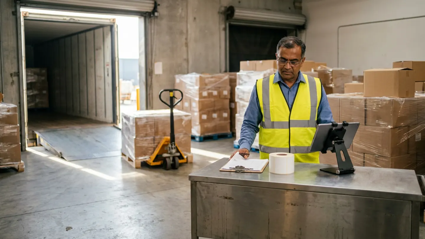 Warehouse inventory controller in a high-visibility vest standing at a stainless receiving desk with a clipboard tally sheet, roll of blank pallet labels and cradle-mounted industrial tablet in front of shrink-wrapped inbound pallets and an open container bay.