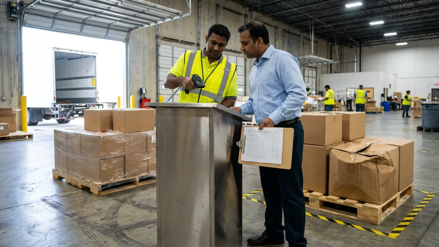Inbound receiving clerk scanning a pallet license-plate barcode beside a stainless-steel mobile workstation and label printer at a warehouse receiving dock.