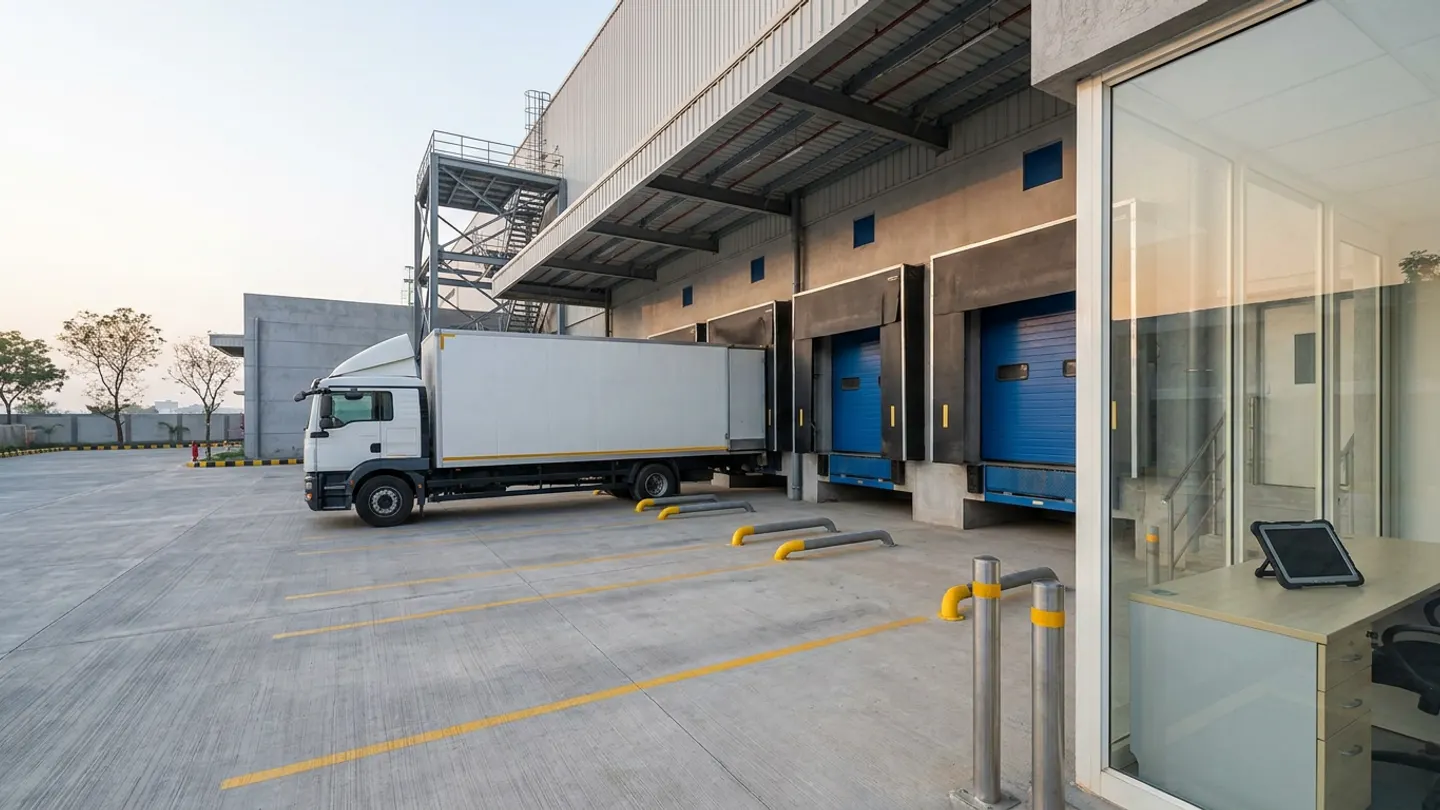 Industrial distribution centre loading dock apron with an unbranded white commercial box truck docked at a hydraulic leveller bay and a glass-fronted yard dispatch control room in natural morning daylight