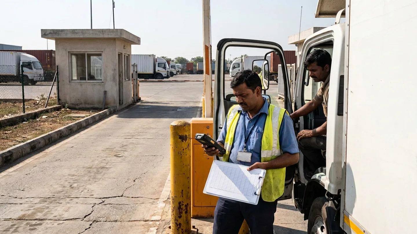 Yard security clerk holding a handheld barcode terminal and a blank ruled clipboard beside a truck driver at a freight gatehouse barrier with parked trailers in the yard behind.