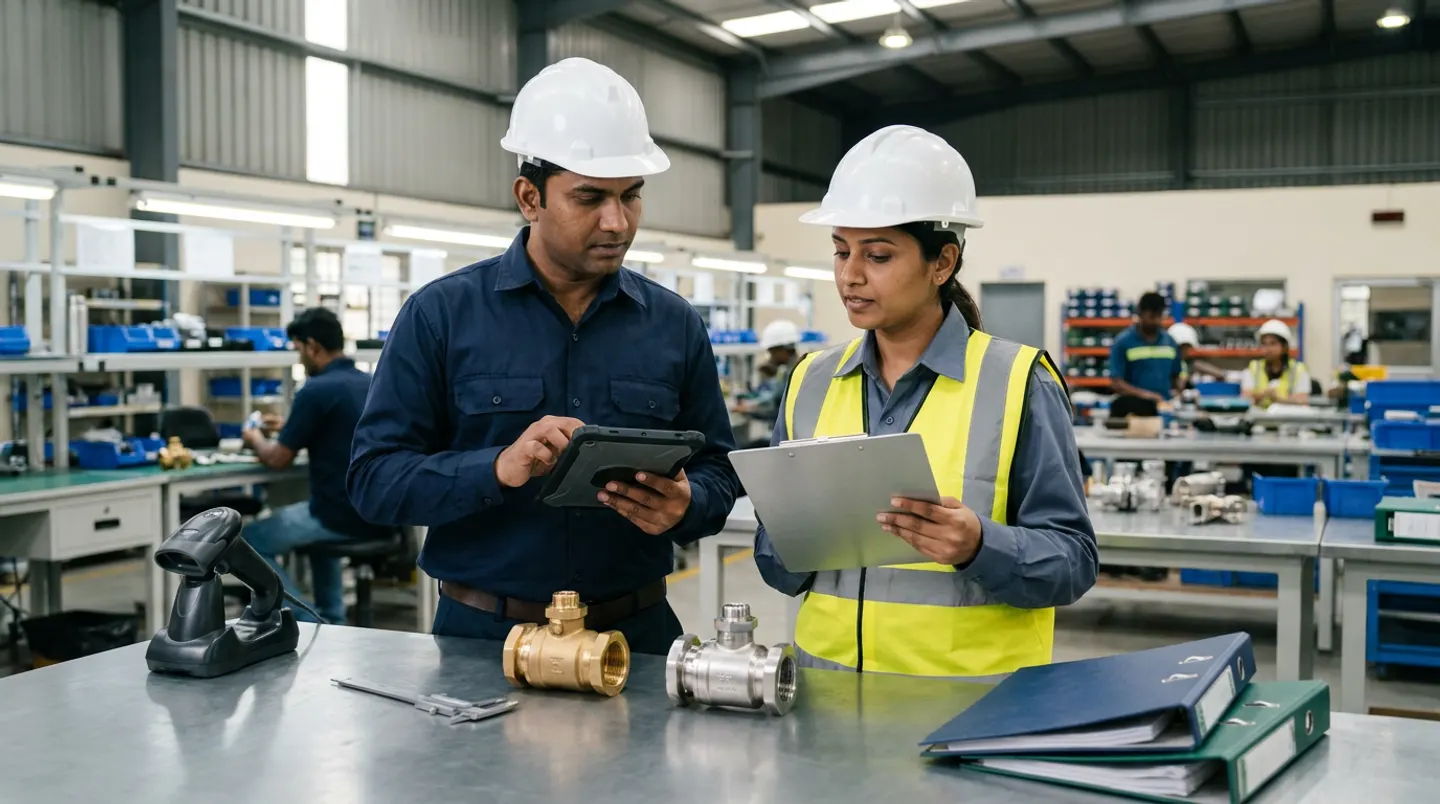 Two manufacturing engineering and materials-control leads in white hard hats, a yellow reflective vest, and navy and slate-grey work shirts holding a black rugged tablet and an aluminium clipboard beside a stainless-steel workbench with a docked barcode scanner, a vernier caliper, a machined brass valve body, an alternate stainless-steel valve body, and navy and green binders.