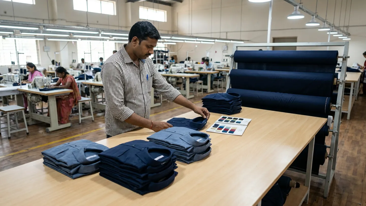 Apparel production planner in a garment factory checking folded navy and slate-blue Oxford shirt stacks sorted by size on a wooden table beside a fabric shade-swatch card, bolted navy fabric rolls and an active sewing line.