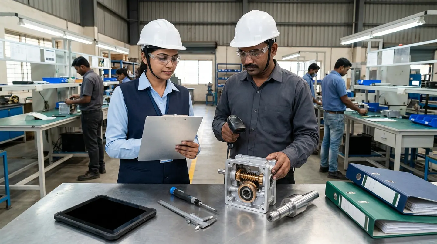 Two manufacturing quality-traceability and assembly leads in white hard hats, clear safety glasses, a navy vest, and a charcoal shirt holding an aluminium clipboard and a black barcode scanner over an open aluminium worm-gear housing and a machined steel shaft beside a stainless-steel workbench with a black rugged tablet, a vernier caliper, a screwdriver, and green and navy binders.