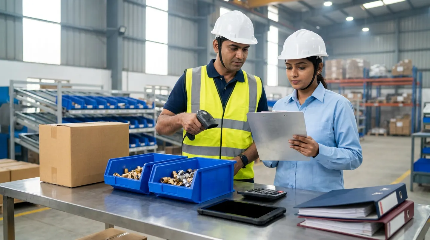 Two manufacturing materials-control and procurement specialists in white hard hats, a yellow reflective vest, and a light-blue work shirt holding a black barcode scanner over two blue bins of brass and steel fittings and an aluminium clipboard beside a stainless-steel workbench with a brown corrugated carton, a black rugged tablet, a desktop calculator, and navy and burgundy binders.