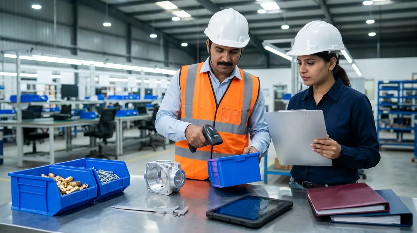 Two manufacturing and production-engineering specialists in white hard hats, an orange reflective vest, and a navy work shirt holding a black cordless barcode scanner over a blue component bin and an aluminium clipboard beside a steel kitting bench with two blue component bins of brass fittings and steel fasteners, a machined aluminium housing, a vernier caliper, a black rugged tablet, and burgundy and navy binders.