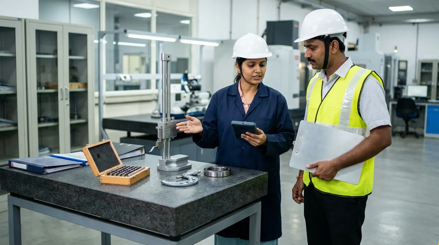 Two manufacturing metrology and quality engineers in white hard hats, a navy shop coat, and a yellow reflective vest holding a handheld barcode terminal and an aluminium clipboard beside a dark-grey granite surface plate with a stainless height gauge, an open wooden case of steel gauge blocks, an outside micrometer, a steel master ring gauge, and navy and black binders.