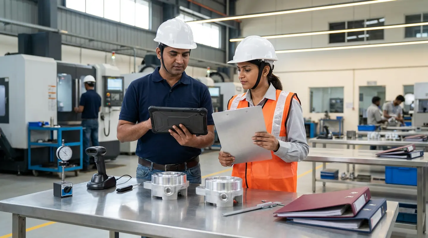 Two manufacturing quality and process engineers in white hard hats, a navy polo shirt, and an orange reflective vest holding a black rugged tablet and an aluminium clipboard beside a stainless-steel inspection bench with a dial indicator on a magnetic stand, a black barcode scanner in its cradle, two machined aluminium pump housings, a vernier caliper, and burgundy and navy binders.