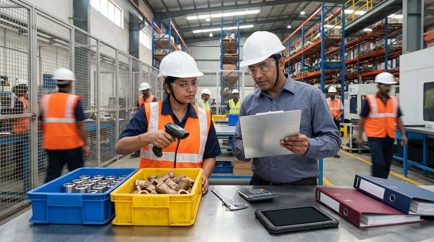 Two manufacturing warehouse-custody and planning leads in white hard hats, clear safety glasses, an orange reflective vest, and navy and slate-grey shirts holding a black barcode scanner over a yellow tote of bronze castings and a blue tote of machined steel bushings and an aluminium clipboard beside a stainless-steel workbench with a vernier caliper, a desktop calculator, a black rugged tablet, and burgundy and navy binders.