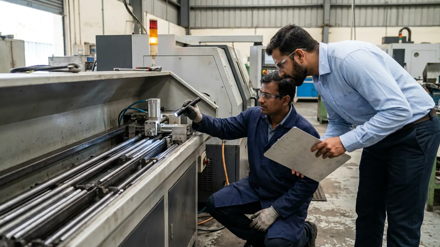Maintenance technician in safety glasses and navy work coat inspecting an open automated bar-feeder channel and pneumatic pusher with a flashlight while a production supervisor holding a clipboard reviews the stoppage under a steady amber stack light.