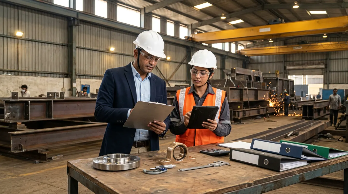 Two manufacturing project-engineering and fabrication-release leads in white hard hats, clear safety glasses, a navy blazer, and an orange reflective vest holding an aluminium clipboard and a black rugged tablet beside a timber-and-steel table with a machined steel flange, a bronze bearing housing, an outside micrometer, a vernier caliper, a desktop calculator, and charcoal, navy, and green binders.