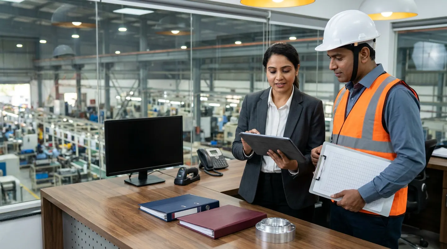 Two manufacturing systems and production control leads in a charcoal blazer, an orange reflective vest, and a white hard hat holding a black digital tablet and a ruled clipboard beside a walnut desk with a dark monitor, a black handheld scanner in its dock, a black desk telephone, navy and burgundy binders, and a machined aluminium ring overlooking the factory floor.
