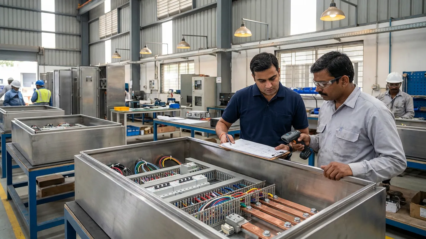 Two manufacturing engineers inspecting an open stainless-steel electrical panel enclosure with copper busbars and DIN-rail breakers, holding a schematic clipboard and a handheld barcode scanner.