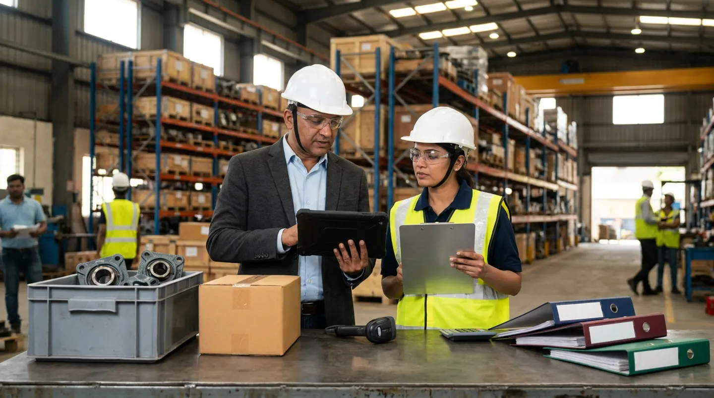 Two manufacturing materials and warehouse-finance leads in white hard hats, clear safety glasses, a charcoal blazer, and a yellow reflective vest holding a black rugged tablet and an aluminium clipboard beside a steel workbench with a grey bin of cast-iron bearing housings, a sealed brown carton, a barcode scanner, a desktop calculator, and navy, burgundy, and green binders.