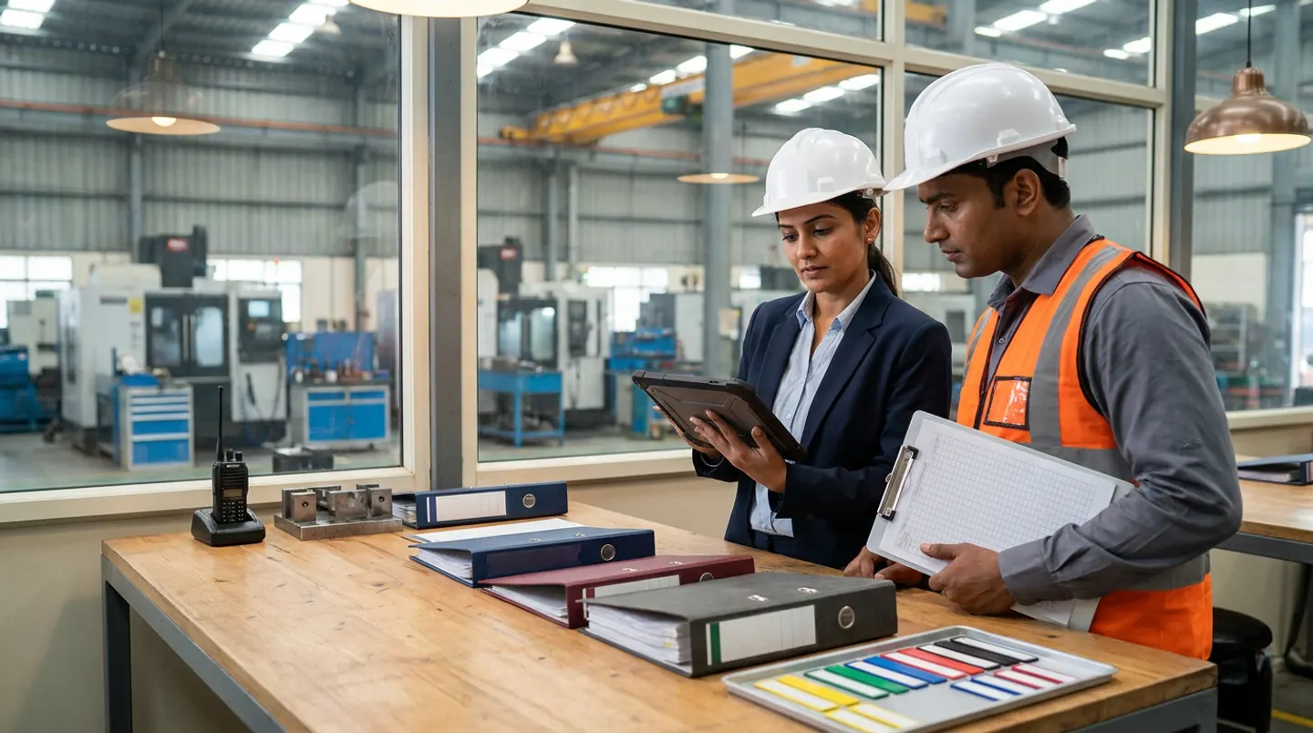 Two manufacturing scheduling and machine-shop leads in white hard hats, a navy blazer, and an orange reflective vest holding a black rugged digital tablet and a ruled clipboard beside a wooden planning table with a black two-way radio in its dock, a steel fixture block, navy, burgundy, and charcoal binders, and a tray of colour-coded magnetic strips overlooking CNC machines.
